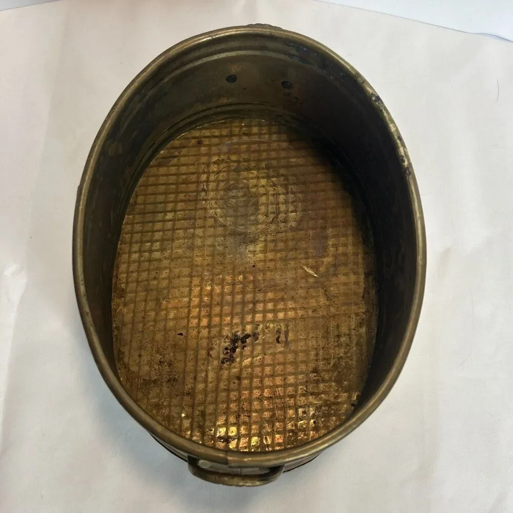 Vintage MCM Brass Oval Planter w Handles and Scallop Shell 8x5.5 Patina Nautical